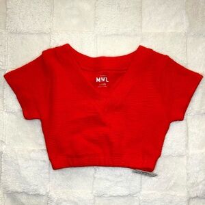 New MADEWELL V Neck Crop Women’s Size XXS Textured Waffle Top Bright Red Orange